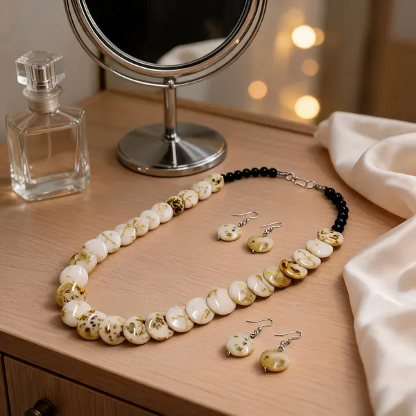 White_Resin_Beaded_Necklace_And_Earrings_Set_For_Women