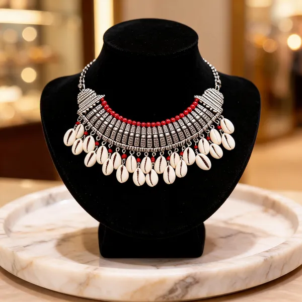 Silver_Metal_Glass_Red_Bead_Shell_Statement_Necklace_For_Women