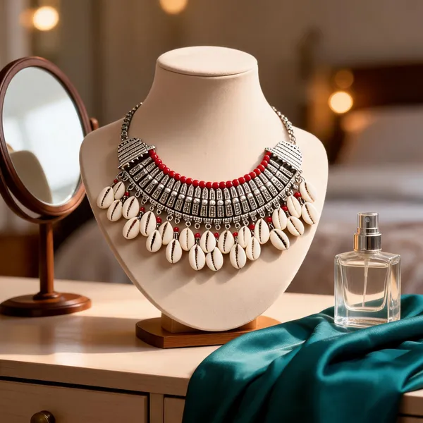 Silver_Metal_Glass_Red_Bead_Shell_Statement_Necklace_For_Women