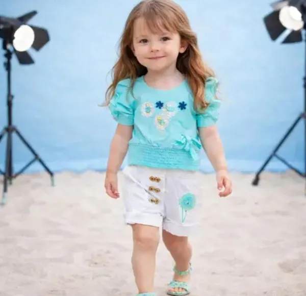 Turquoise_Cotton_Blend_Puff_Sleeve_Top_And_Shorts_Set_For_Girls