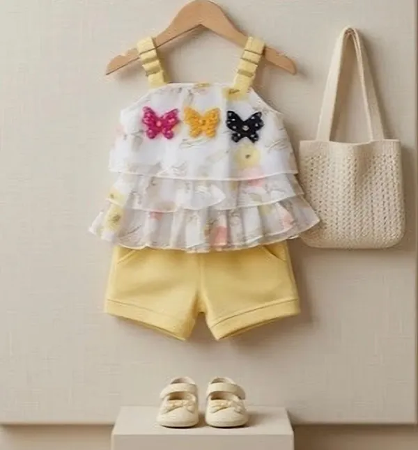 White_And_Yellow_Cotton_Blend_Ruffle_Top_And_Shorts_Set_For_Baby_Girls