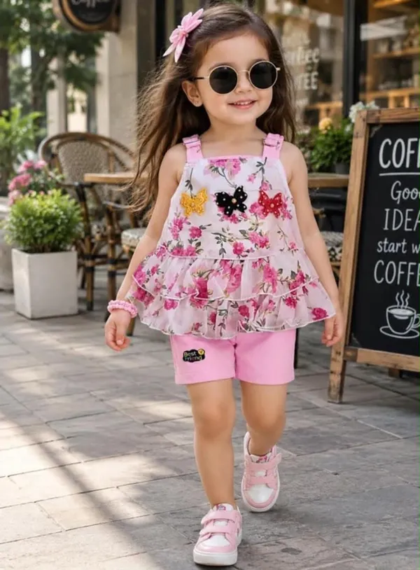 Pink_Cotton_Blend_Floral_Print_Top_And_Shorts_Set_For_Girls