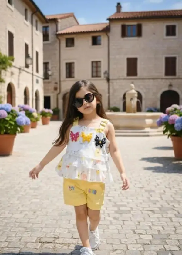 White_And_Yellow_Cotton_Blend_Ruffle_Top_And_Shorts_Set_For_Baby_Girls