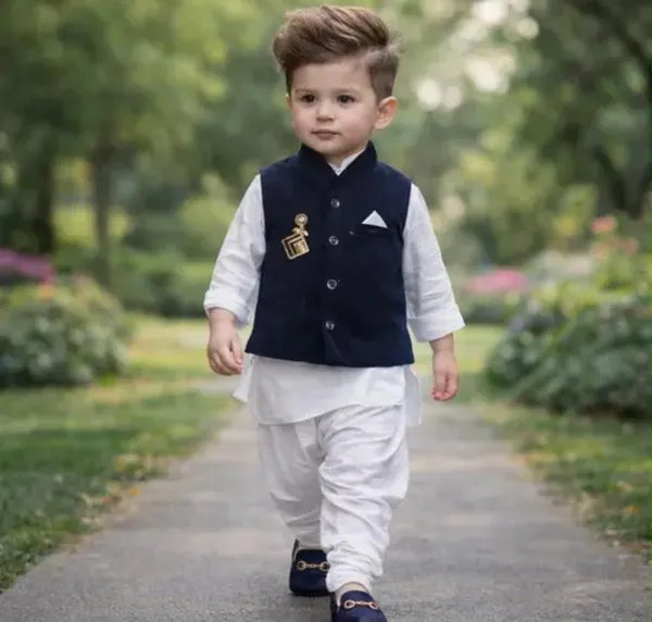 White_And_Navy_Cotton_Blend_Kurta_Pajama_With_Nehru_Jacket_For_Boys