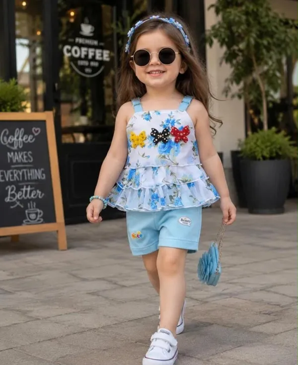Blue_Cotton_Blend_Floral_Peplum_Top_And_Shorts_Set_For_Girls