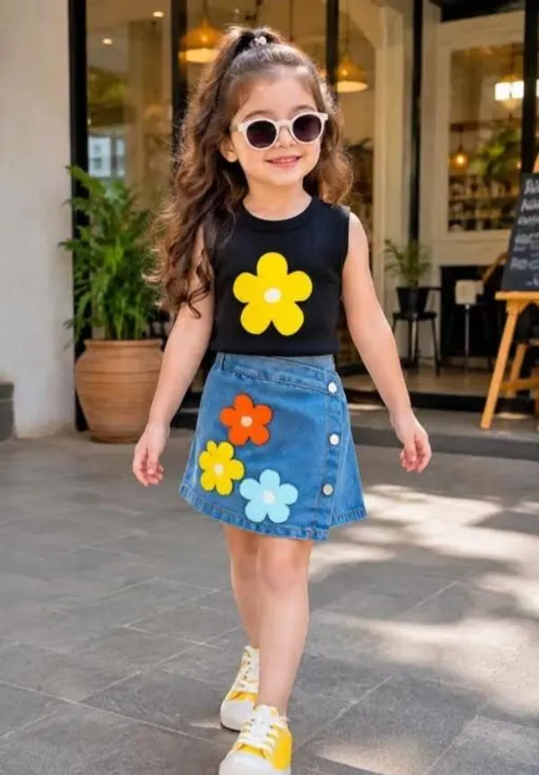 Black_Chiffon_Floral_Top_And_Denim_Skirt_Set_For_Girls