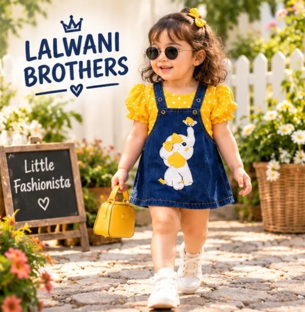 Yellow_And_Navy_Denim_Pinafore_Dress_Set_For_Girls