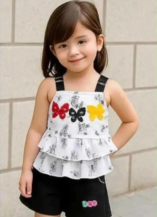 White_Printed_Layered_Top_And_Black_Shorts_Set_For_Girls