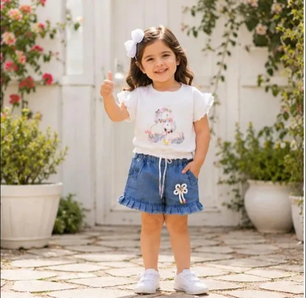 White_And_Blue_Denim_Casual_Top_And_Shorts_Set_For_Girls
