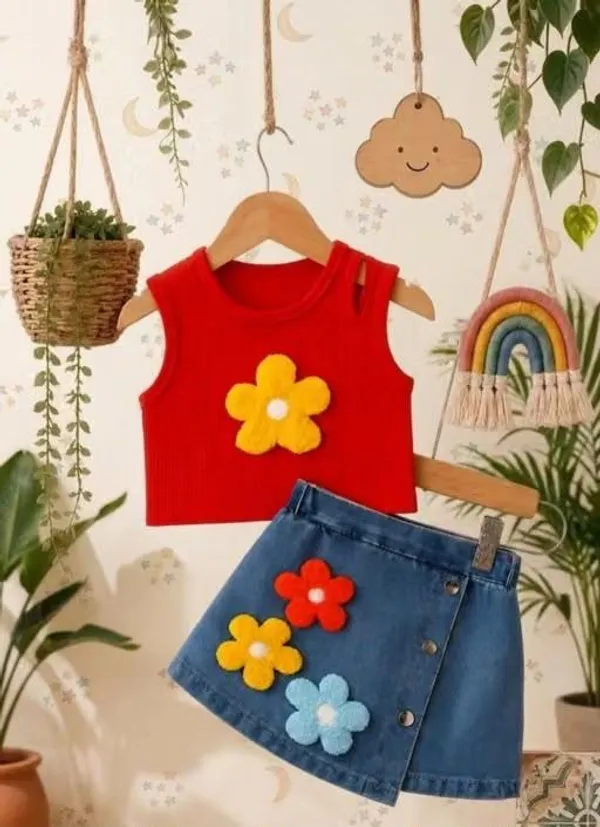 Red_Sleeveless_Top_And_Denim_Skirt_Set_for_Girls