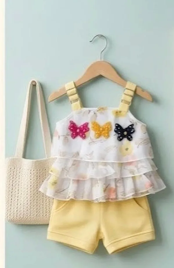 White_And_Yellow_Cotton_Blend_Ruffle_Top_And_Shorts_Set_For_Baby_Girls