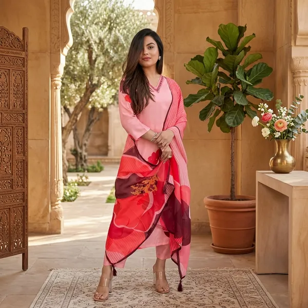 Pink_Muslin_Striped_Floral_Print_Kurta_Set_For_Women