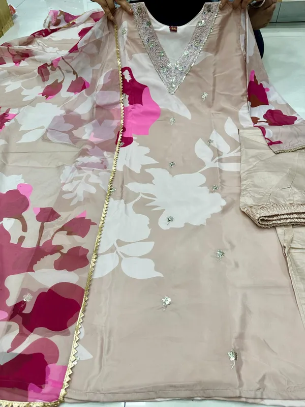 Beige_Muslin_Silk_Floral_Print_Straight_Kurta_Set_For_Women
