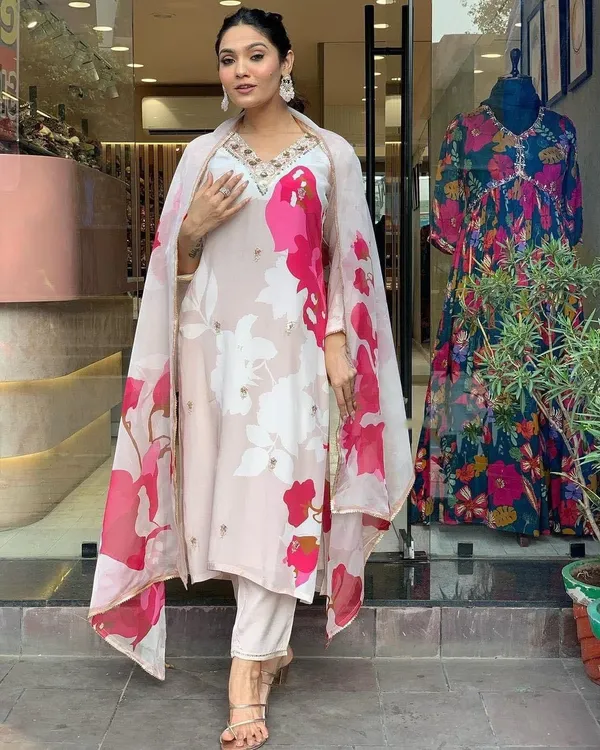 Beige_Muslin_Silk_Floral_Print_Straight_Kurta_Set_For_Women
