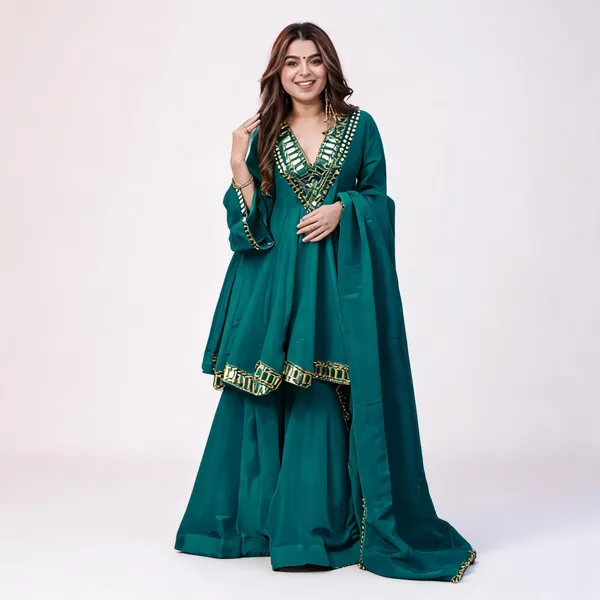 Teal_Silk_Embellished_Flared_Anarkali_Suit_Set_For_Women