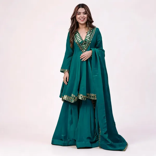 Teal_Silk_Embellished_Flared_Anarkali_Suit_Set_For_Women