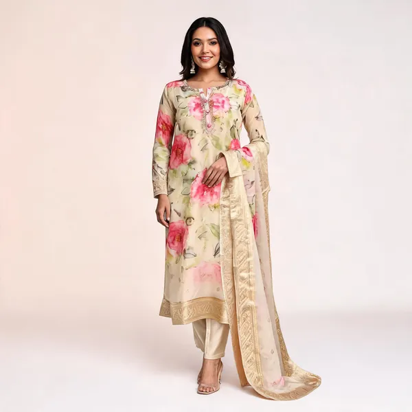 Cream_Silk_Floral_Print_Straight_Kurta_Set_For_Women