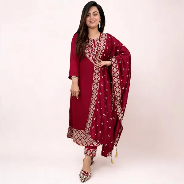 Maroon_Roman_Silk_Printed_Straight_Kurta_Set_For_Women