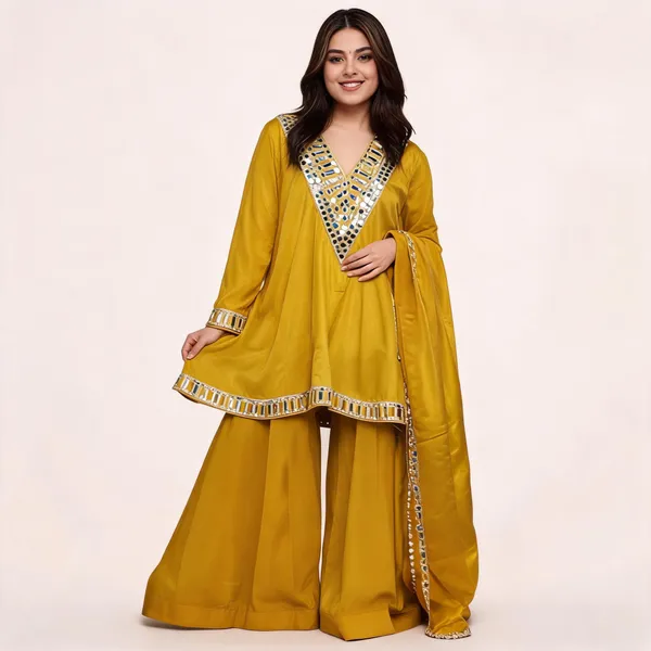 Mustard_Silk_Mirror_Work_Flared_Sharara_Set_For_Women