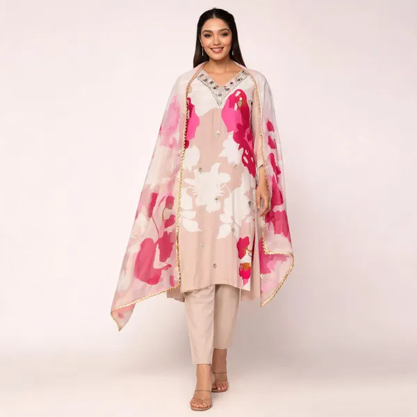 Beige_Muslin_Silk_Floral_Print_Straight_Kurta_Set_For_Women