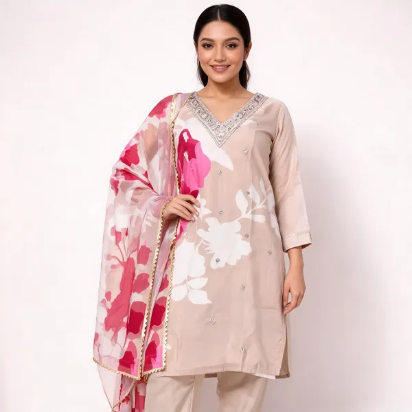 Beige_Muslin_Silk_Floral_Print_Straight_Kurta_Set_For_Women