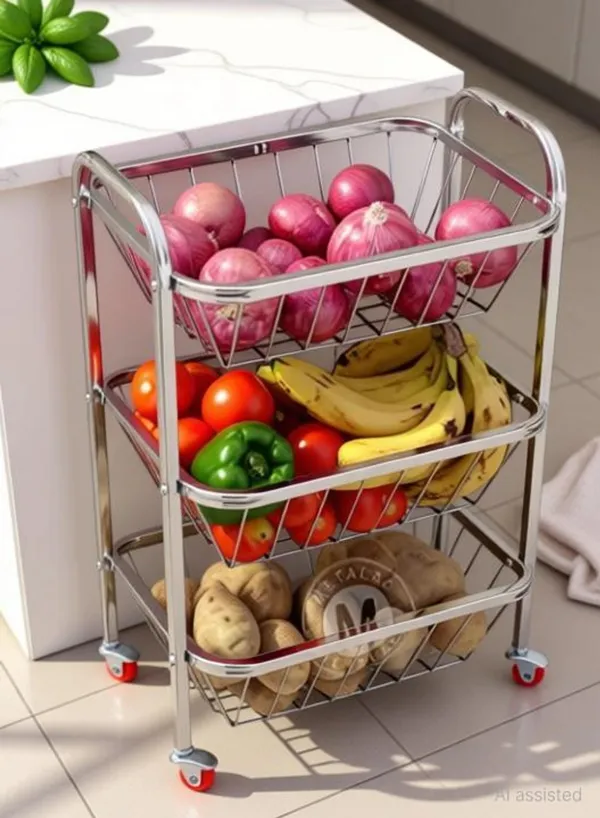 Metal_3_Tier_Rolling_Wire_Basket_Storage_Trolley