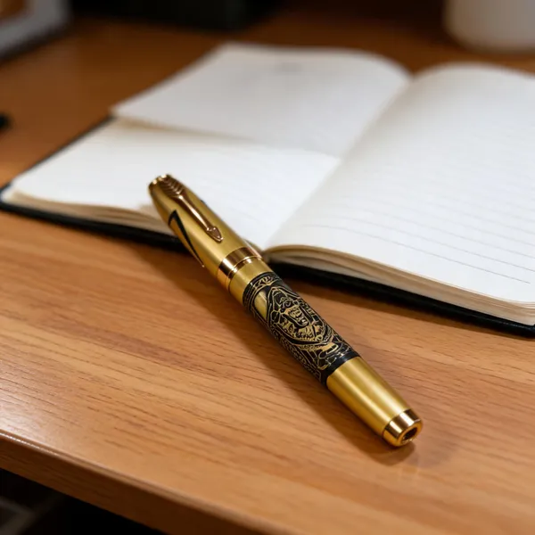 Gold-Tone_Ornate_Capped_Roller_Pen_With_Black_Accent