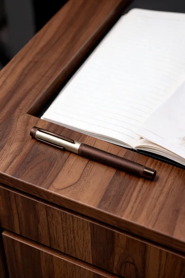 Brown_Silver_Metal_Roller_Pen_With_Pocket_Clip_Knurled_Grip