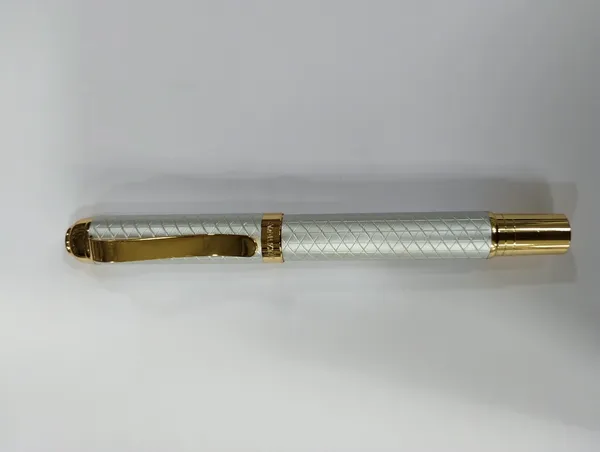 White_Crosshatch_Gold-Tone_Trim_Roller_Pen