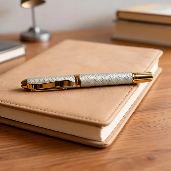 White_Crosshatch_Gold-Tone_Trim_Roller_Pen