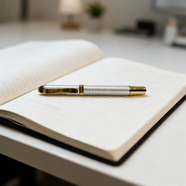 White_Crosshatch_Gold-Tone_Trim_Roller_Pen