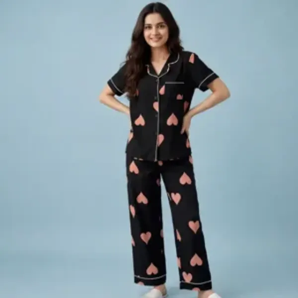 Black_Cotton_Heart_Print_Nightwear_Set_For_Women