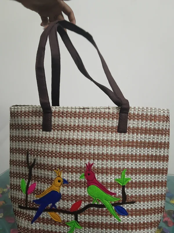 Brown_Woven_Striped_Bird_Applique_Tote_Bag_For_Women