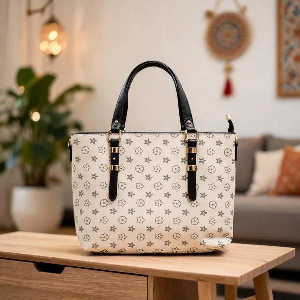 White_Faux_Leather_Star_Print_Structured_Handbag_For_Women