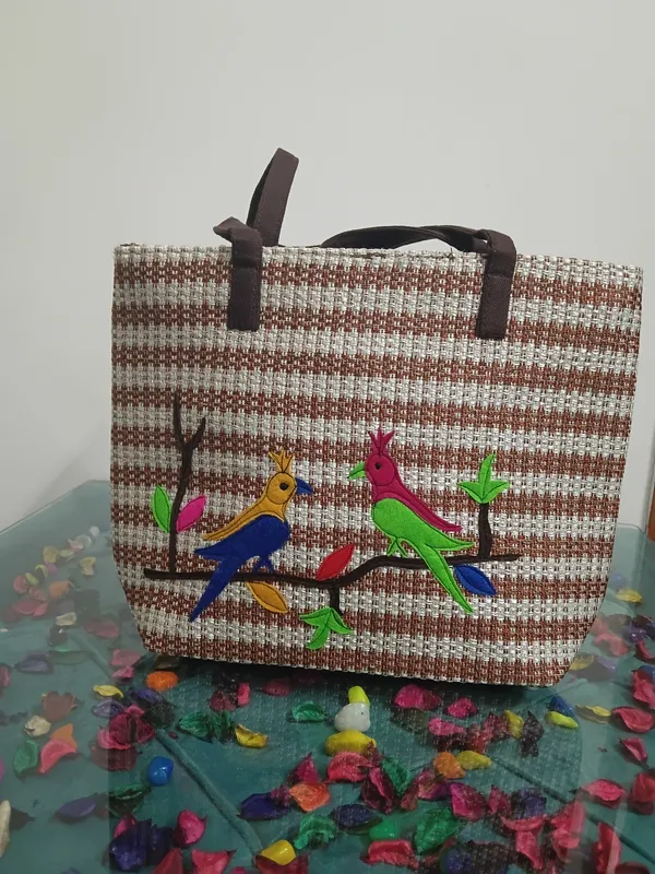 Brown_Woven_Striped_Bird_Applique_Tote_Bag_For_Women