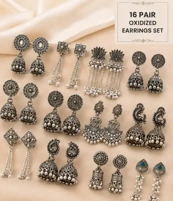 Oxidized_Silver_Jhumka_Earrings_Set_16_Pair_For_Women