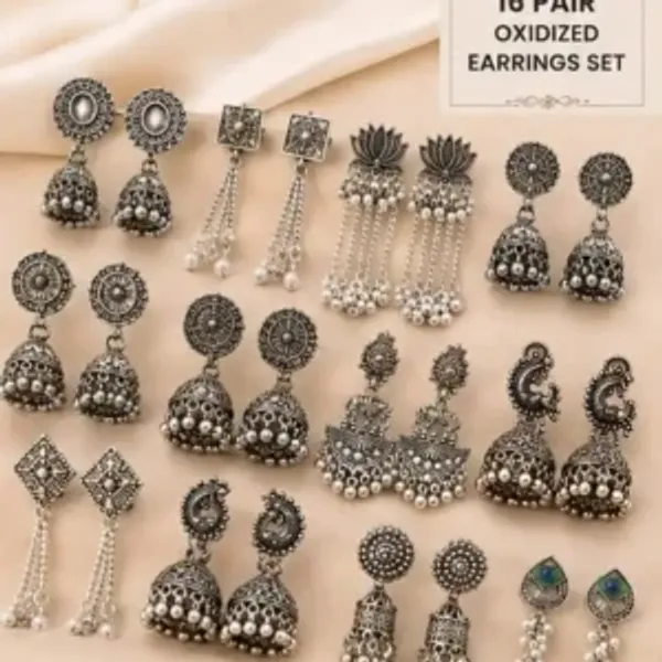 Oxidized_Silver_Jhumka_Earrings_Set_16_Pair_For_Women