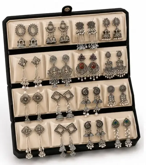 Oxidized_Silver_Jhumka_Earrings_Set_16_Pair_For_Women