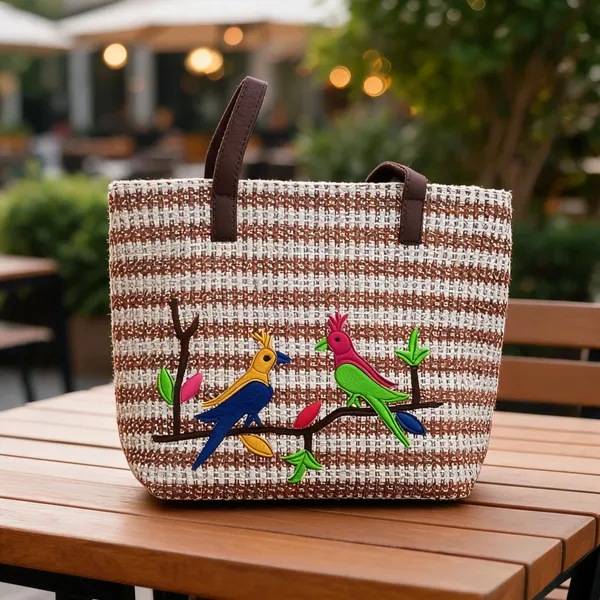 Brown_Woven_Striped_Bird_Applique_Tote_Bag_For_Women