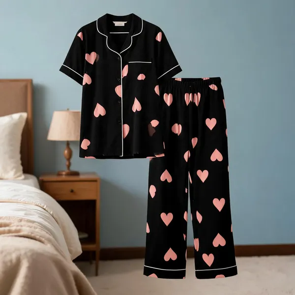 Black_Cotton_Heart_Print_Nightwear_Set_For_Women