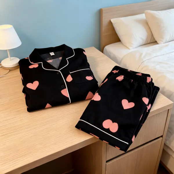 Black_Cotton_Heart_Print_Nightwear_Set_For_Women