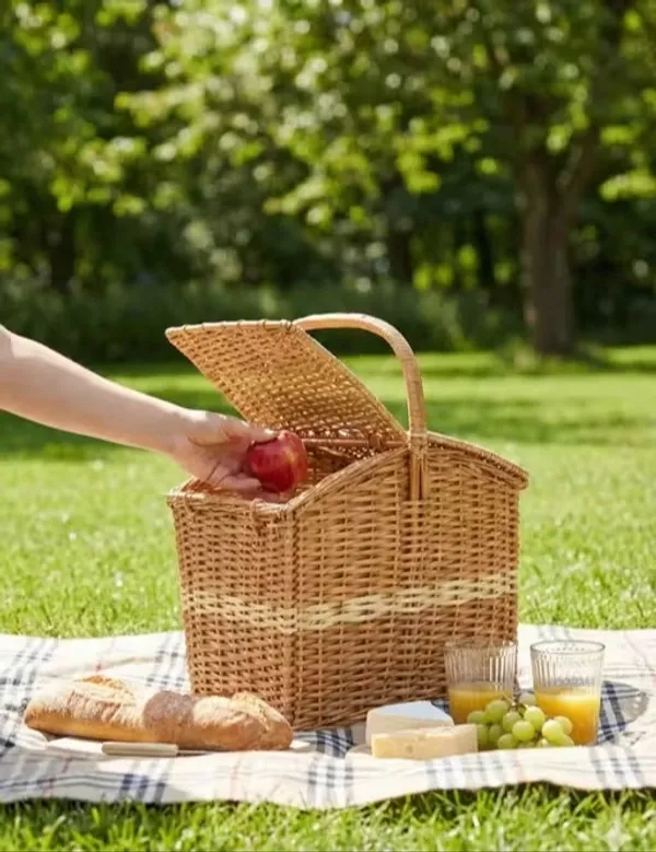 Bcf_India_Wicker_Basket_For_Lunch_Picnic_Basket_With_Top_Handle_Modern_Picnic_Baskets_Bamboo_Food_Baskets_Rectangular_Brown_Medium_33_23_30_Cm