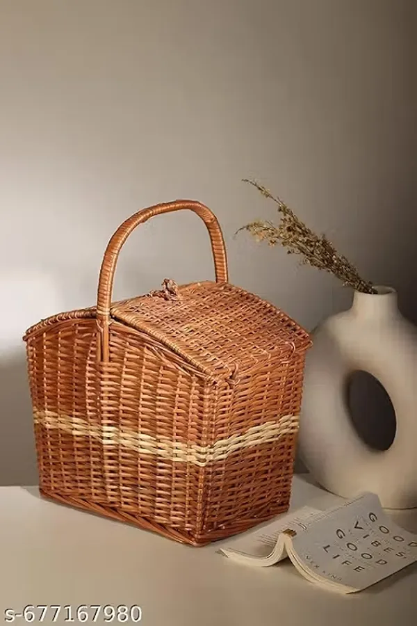Bcf_India_Wicker_Basket_For_Lunch_Picnic_Basket_With_Top_Handle_Modern_Picnic_Baskets_Bamboo_Food_Baskets_Rectangular_Brown_Medium_33_23_30_Cm