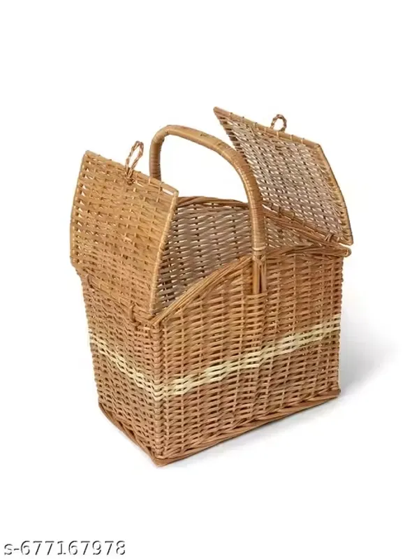 Bcf_India_Wicker_Basket_For_Lunch_Picnic_Basket_With_Top_Handle_Modern_Picnic_Baskets_Bamboo_Food_Baskets_Rectangular_Brown_Large_14_15_12_Inches