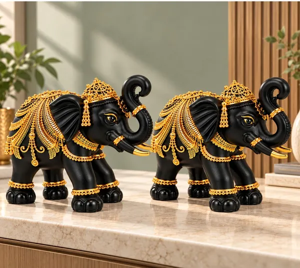 Handcrafted_Resin_Elephant_Showpiece_Set_Of_2_For_Home_Decor_Resin_Elephant_Statue_For_Good_Luck_Trunk_Up_Elephant_Showpiece_For_Office_Desk_Living_Room_Gift_Black_Gold_13_9_Cm_Each