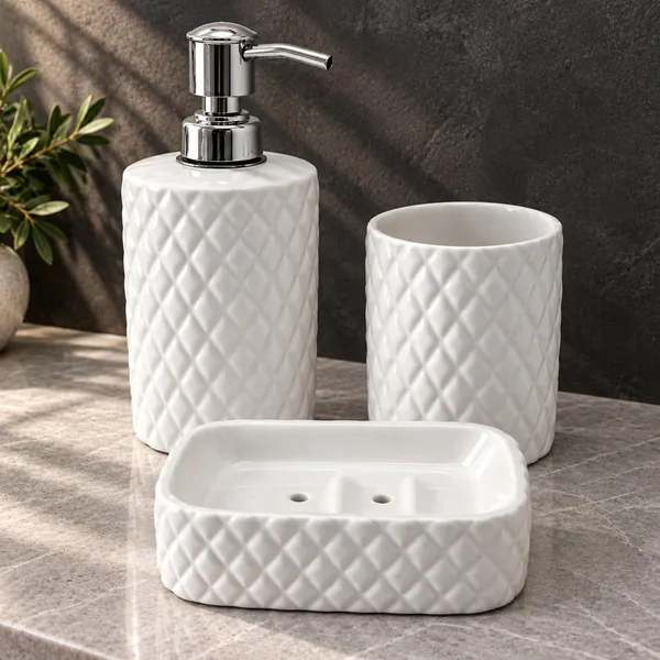 White_Ceramic_Glossy_Glazed_Finish_Soap_Dispenser_&_Toothbrush_Holder_&_Soap_Dish_For_Bathroom