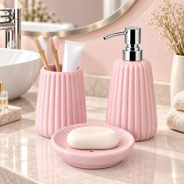 Pink_Ceramic_Glossy_Glazed_Finish_Soap_Dispenser_&_Toothbrush_Holder_&_Soap_Dish_For_Bathroom