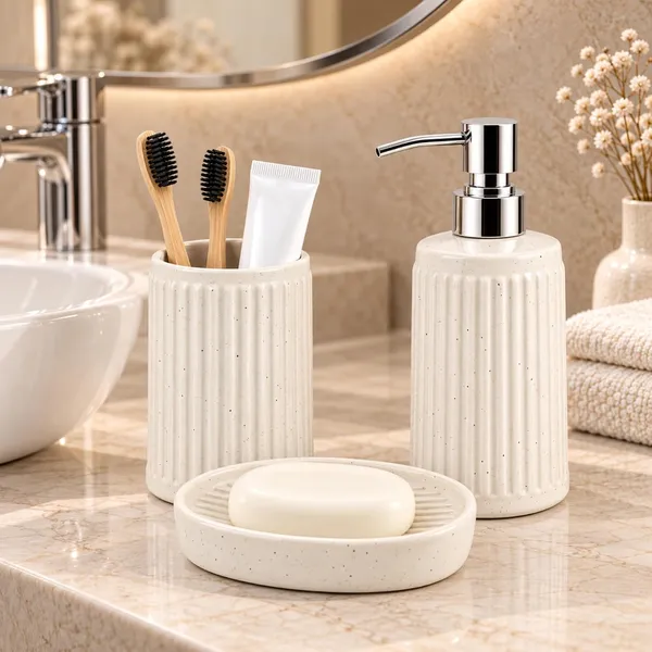 White_Ceramic_Glossy_Glazed_Finish_Soap_Dispenser_&_Toothbrush_Holder_&_Soap_Dish_For_Bathroom