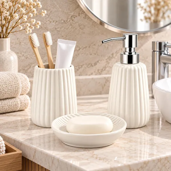White_Ceramic_Glossy_Glazed_Finish_Soap_Dispenser_&_Toothbrush_Holder_&_Soap_Dish_For_Bathroom