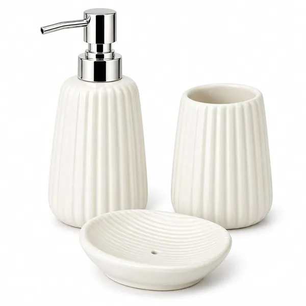 White_Ceramic_Glossy_Glazed_Finish_Soap_Dispenser_&_Toothbrush_Holder_&_Soap_Dish_For_Bathroom